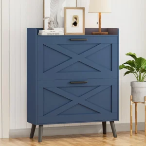 32" wide farmhouse shoe cabinet with 2 flip-top drawers and barn door design, adjustable shelves